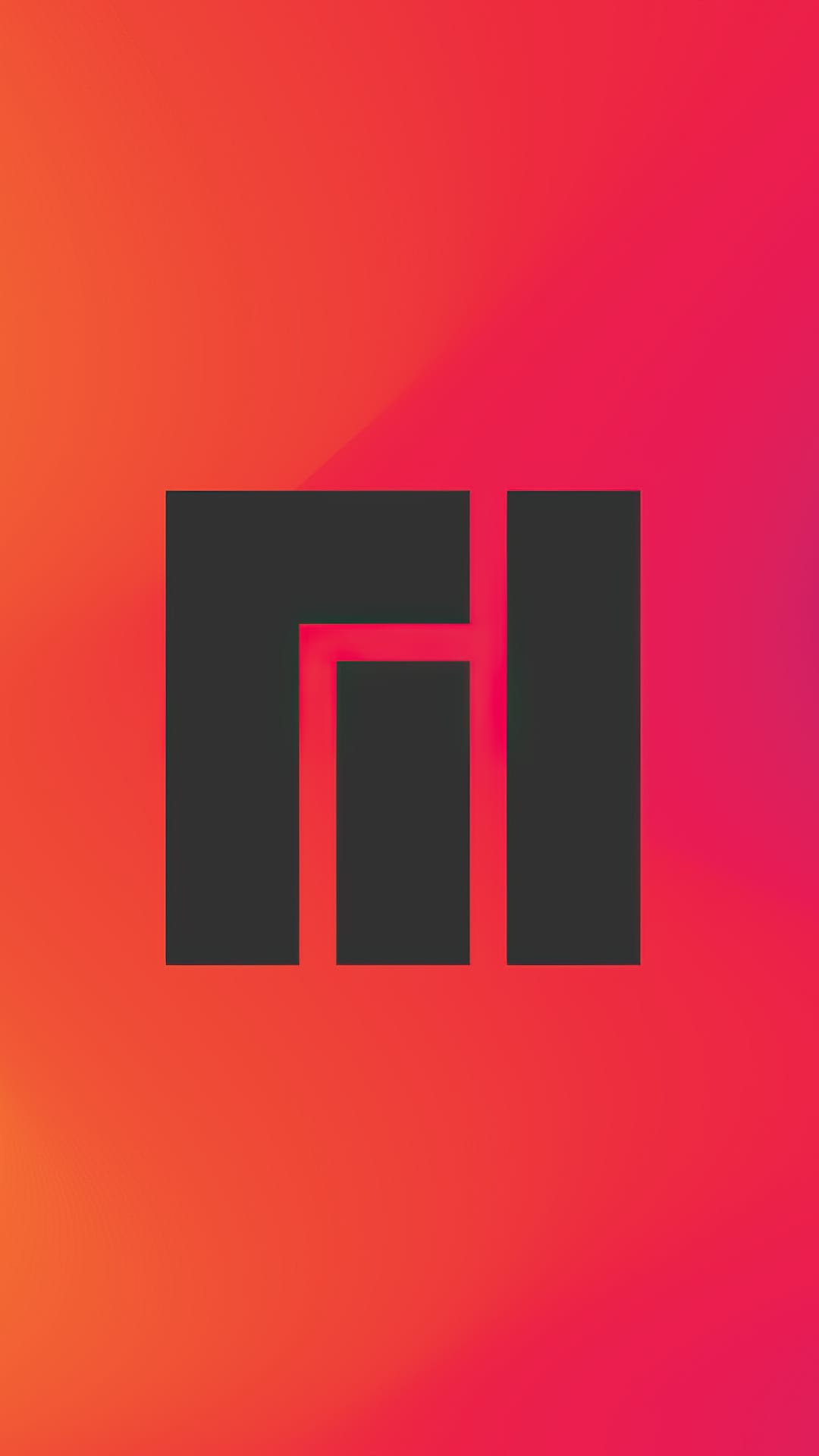 Dark gray abstract geometric logo centered on a vibrant orange to pink gradient background with sharp lines.