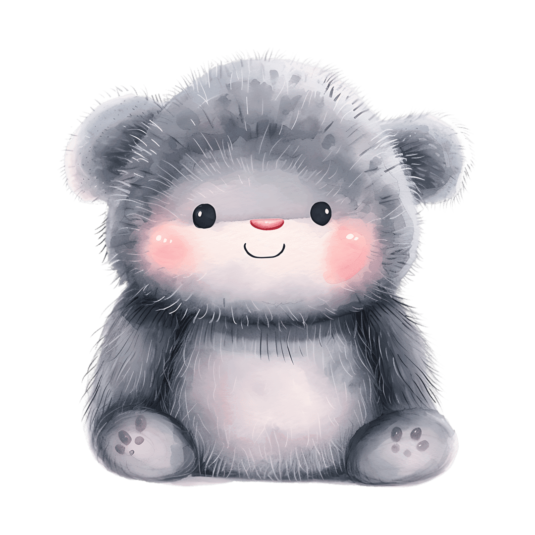 Seated grey watercolor teddy bear featuring soft fuzzy fur texture and pink cheeks on a transparent background.