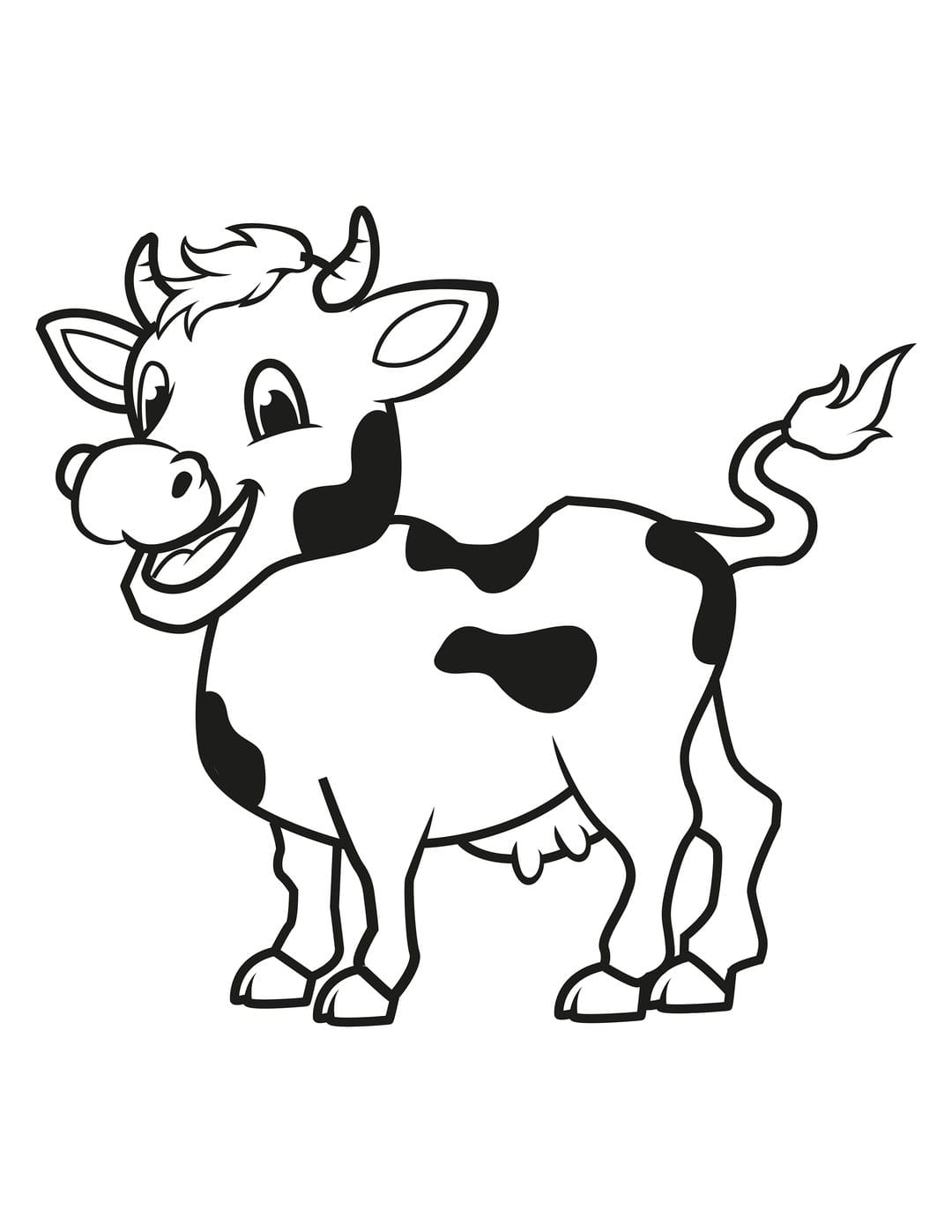 Cow line art illustration featuring a smiling bovine with spots and udder on a clean white background.