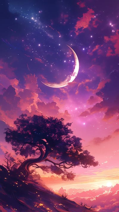 tree,slope,moon,stars,sky,art