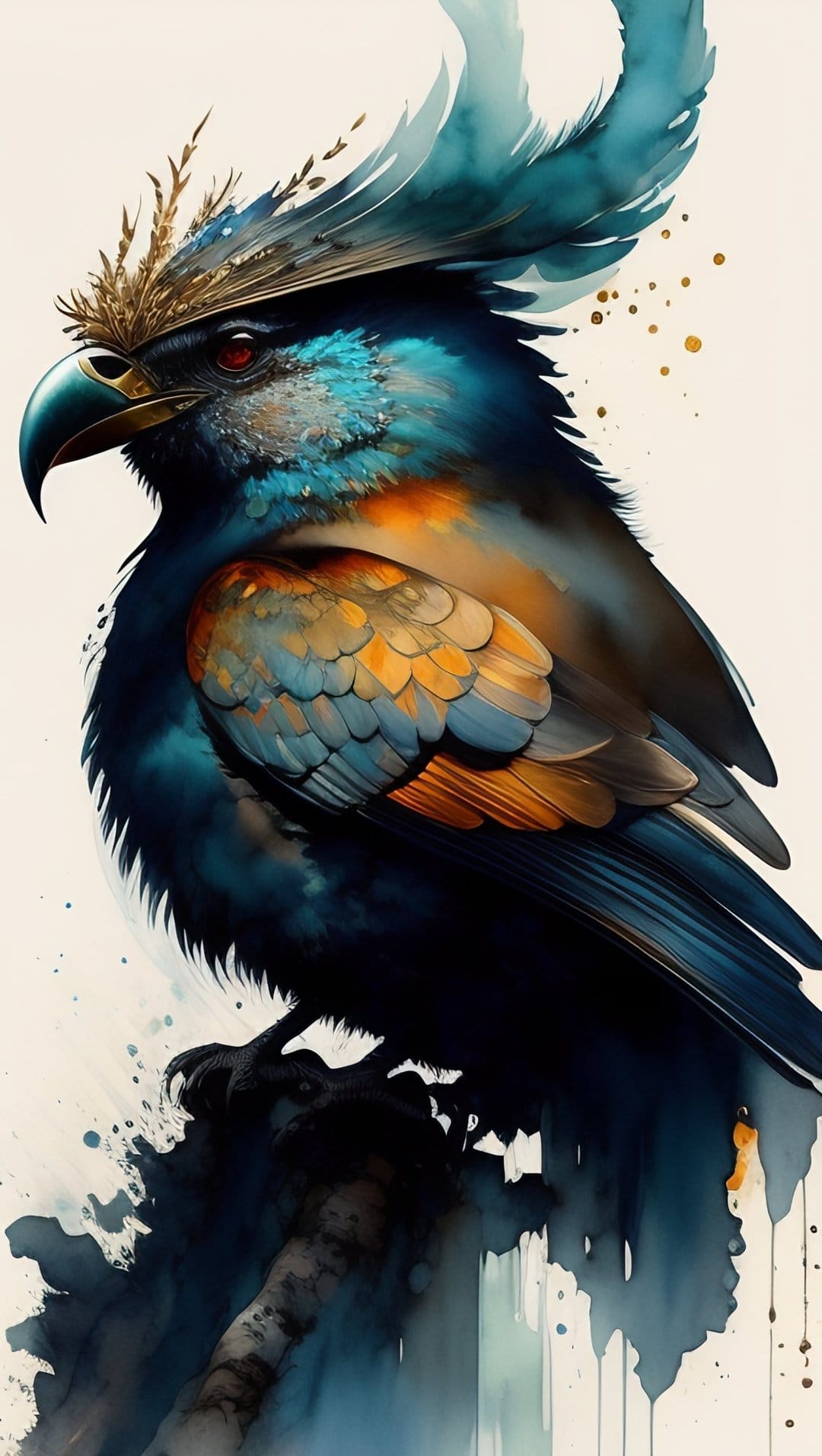 Blue bird wearing a gold crown with red eyes and detailed feathers on a white abstract splattered background.