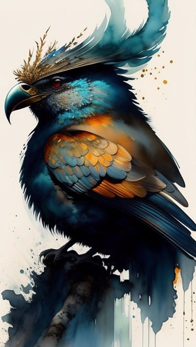 bird,blue,gold,branch,smudges,spots,art