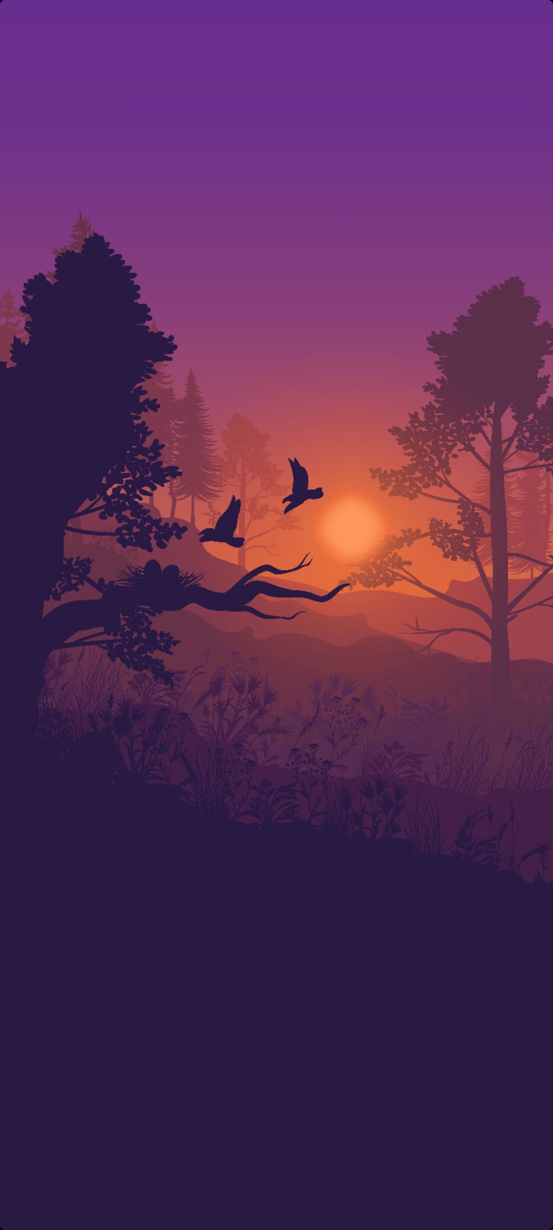 Two birds fly over a glowing orange sun and layered hills with a bird nest resting on a branch in the foreground.