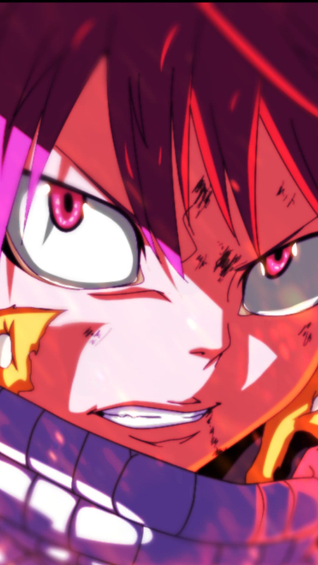 Natsu Dragneel with glowing pink eyes and facial scratches stares intensely amidst red and purple lighting.