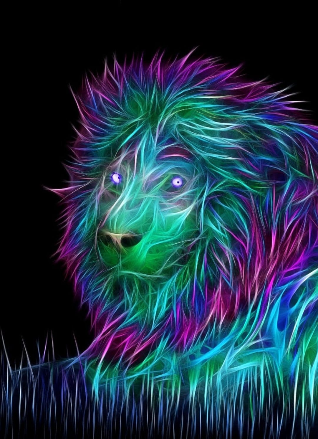 Lion with a glowing neon blue mane and violet eyes stands amidst luminous grass against a dark backdrop.