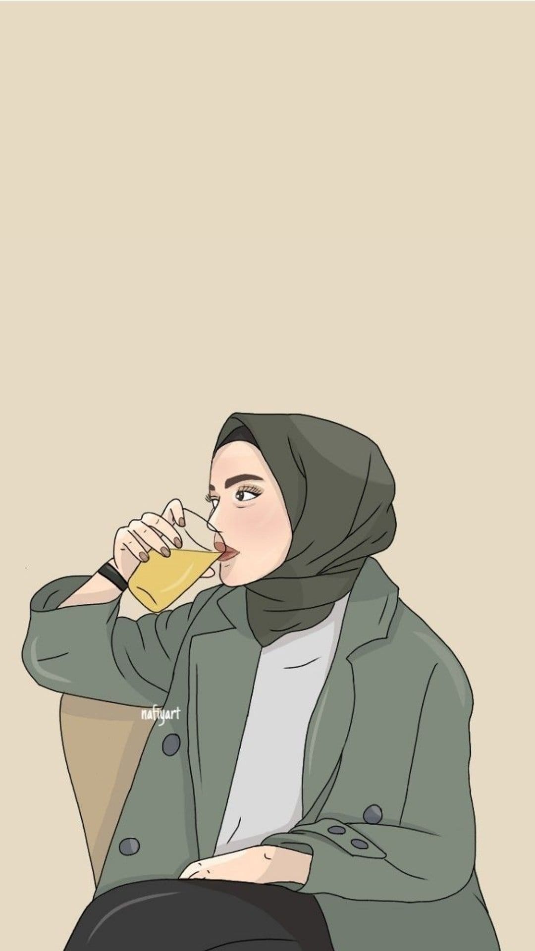 Woman wearing a green hijab and coat drinks from a glass, depicted against a soft, minimalist background.