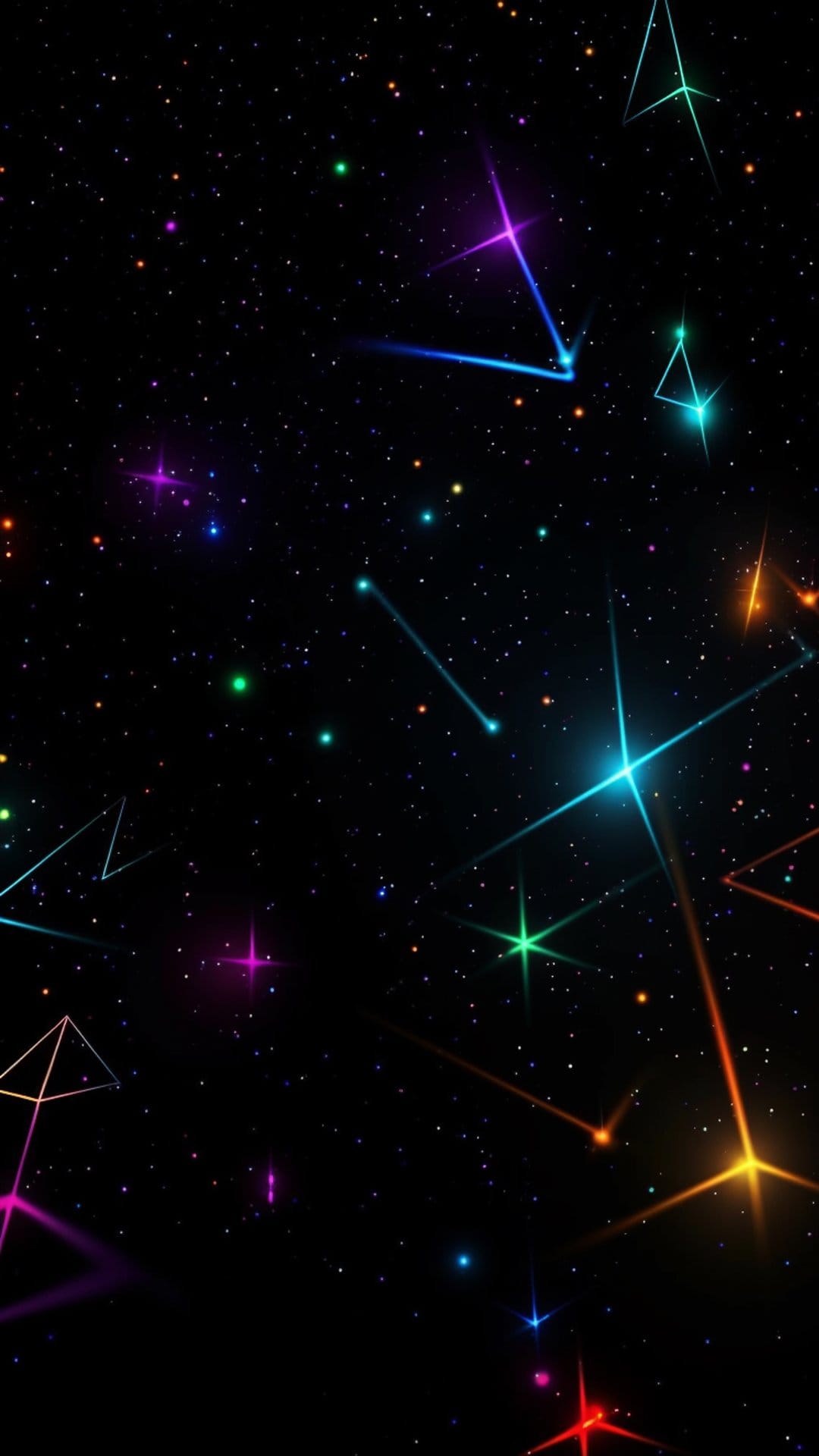 Glowing neon pyramids and multi-colored starbursts float against a dark, star-filled cosmic space background.