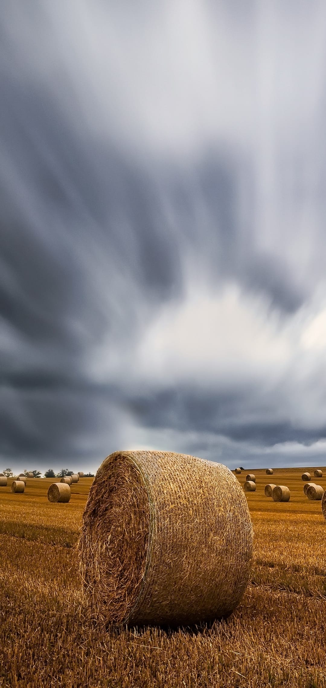 Cylindrical hay bales sit in an amber field under streaking clouds, forming a textured rural landscape view.