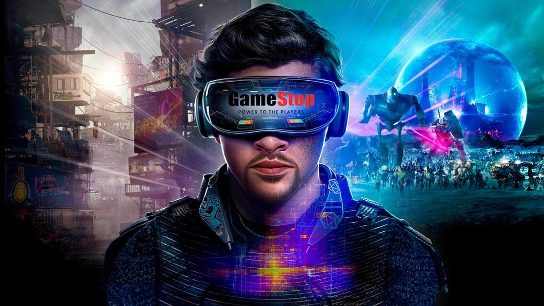 Man wearing a GameStop VR headset stands before a glowing orb in a neon-lit futuristic city with blue lights.