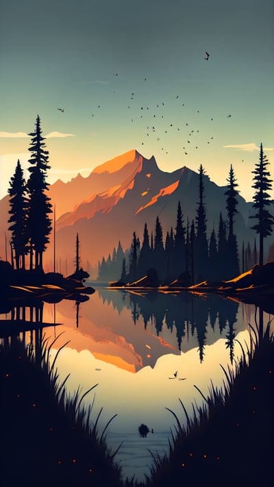 mountains,trees,pound,art,birds