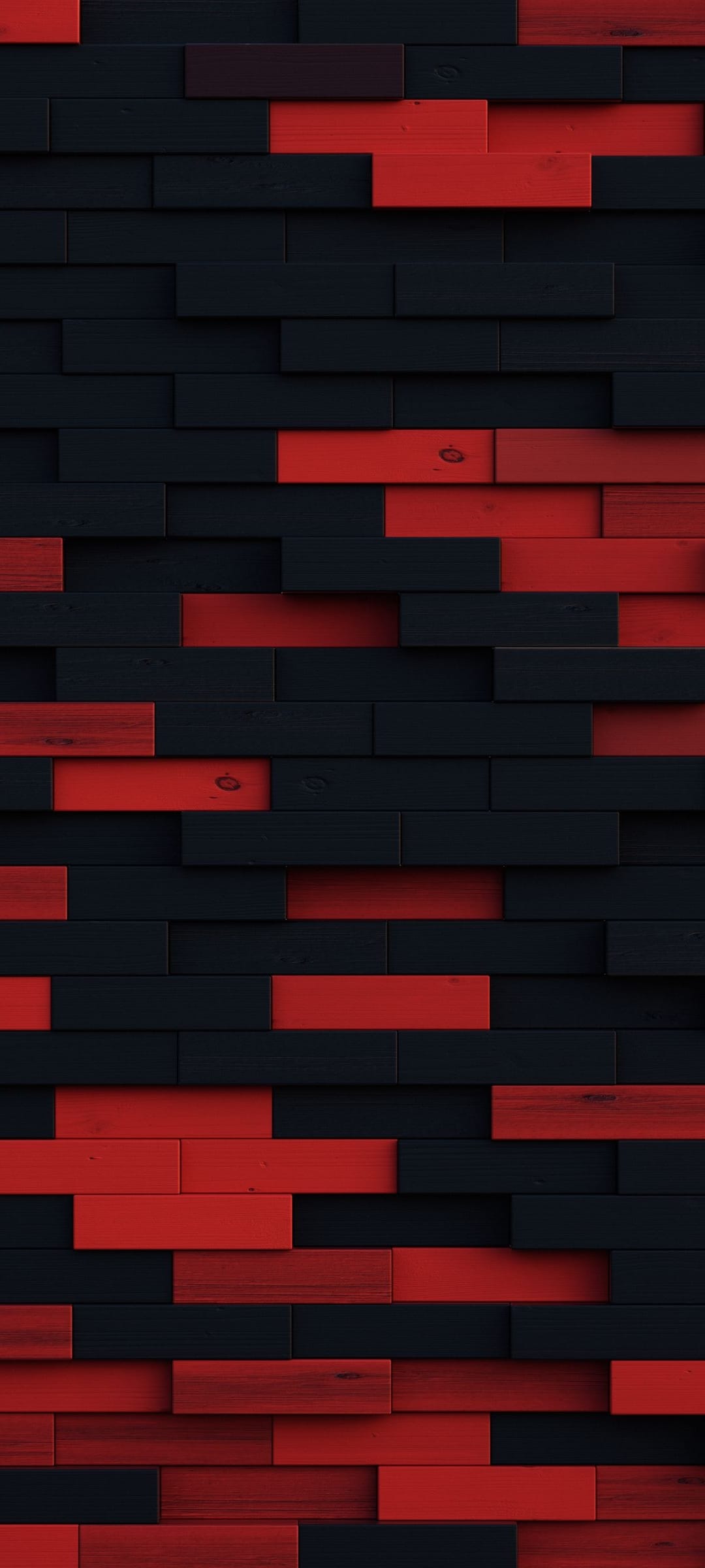 Staggered dark red and black wooden planks create a textured geometric surface with deep shadows and sharp edges.