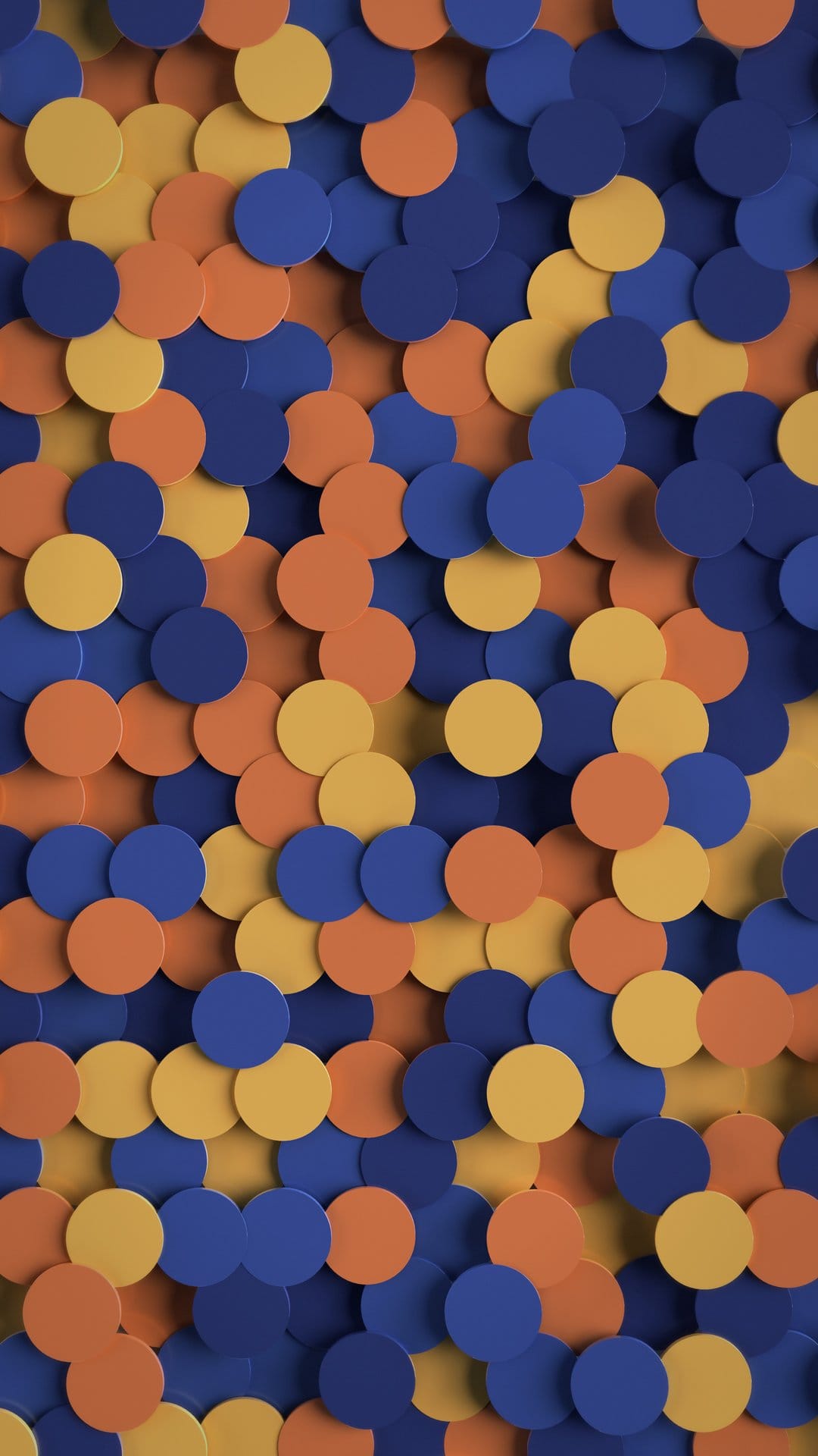 Blue and orange circular discs overlap in a dense geometric pattern, featuring subtle textures and vibrant tones.