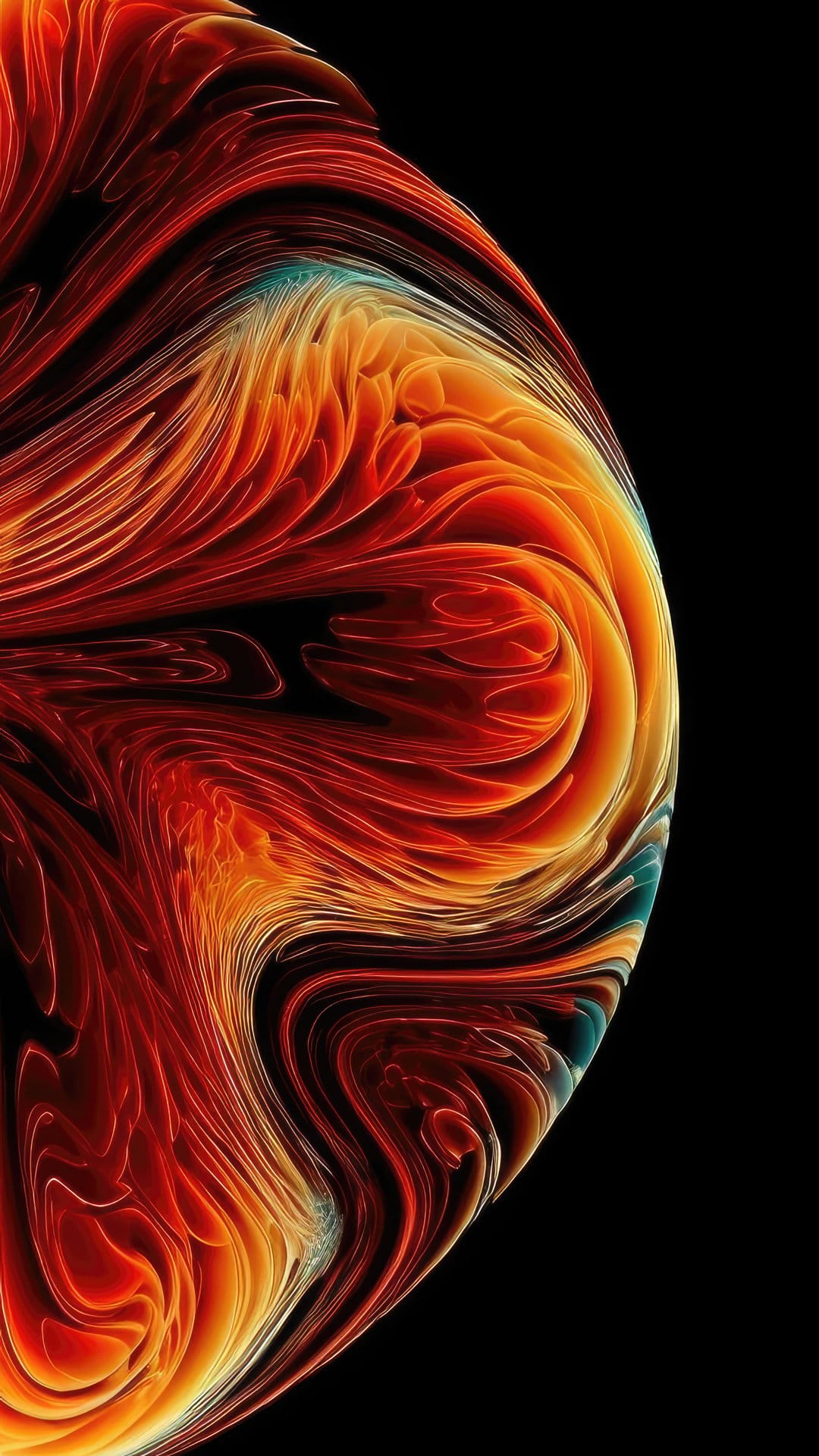 Swirling orange and red gas filaments form a glowing spherical orb against a dark, minimalist black background.