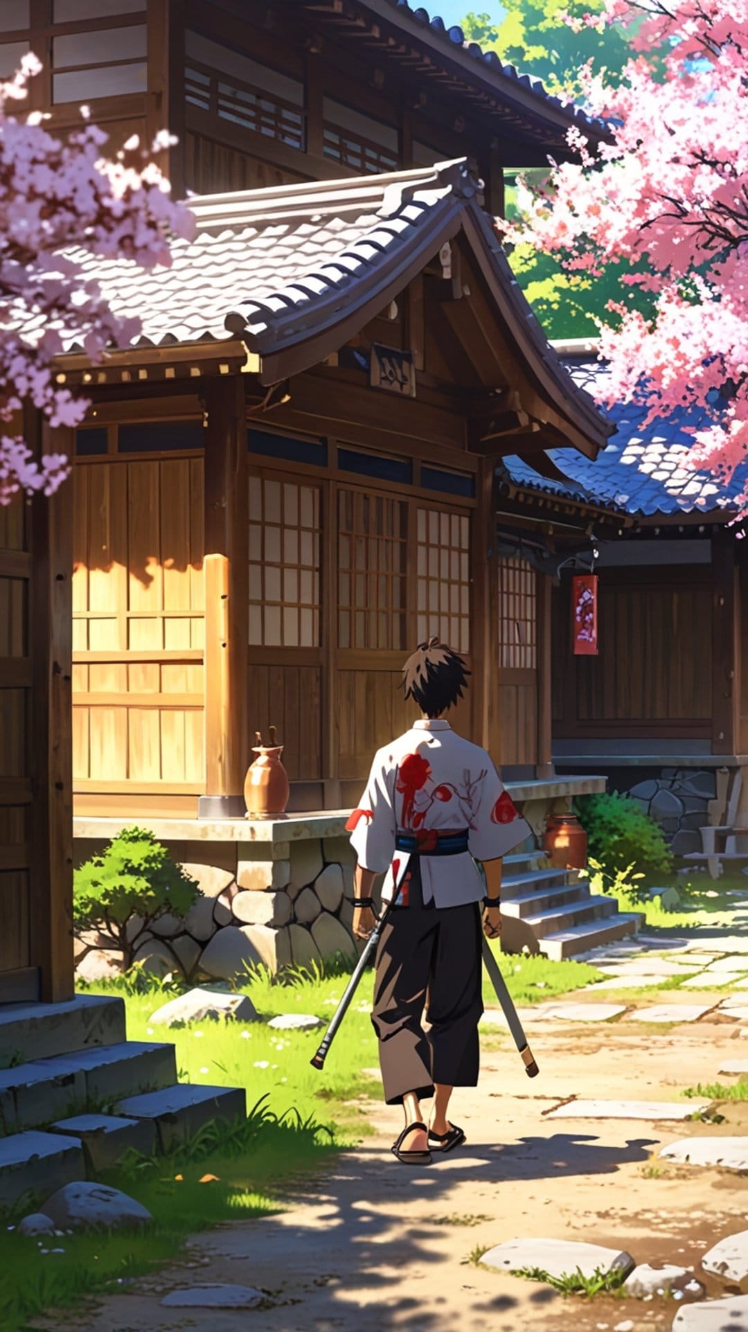 Samurai walking on a stone path under blooming pink cherry blossoms next to a traditional wooden building.