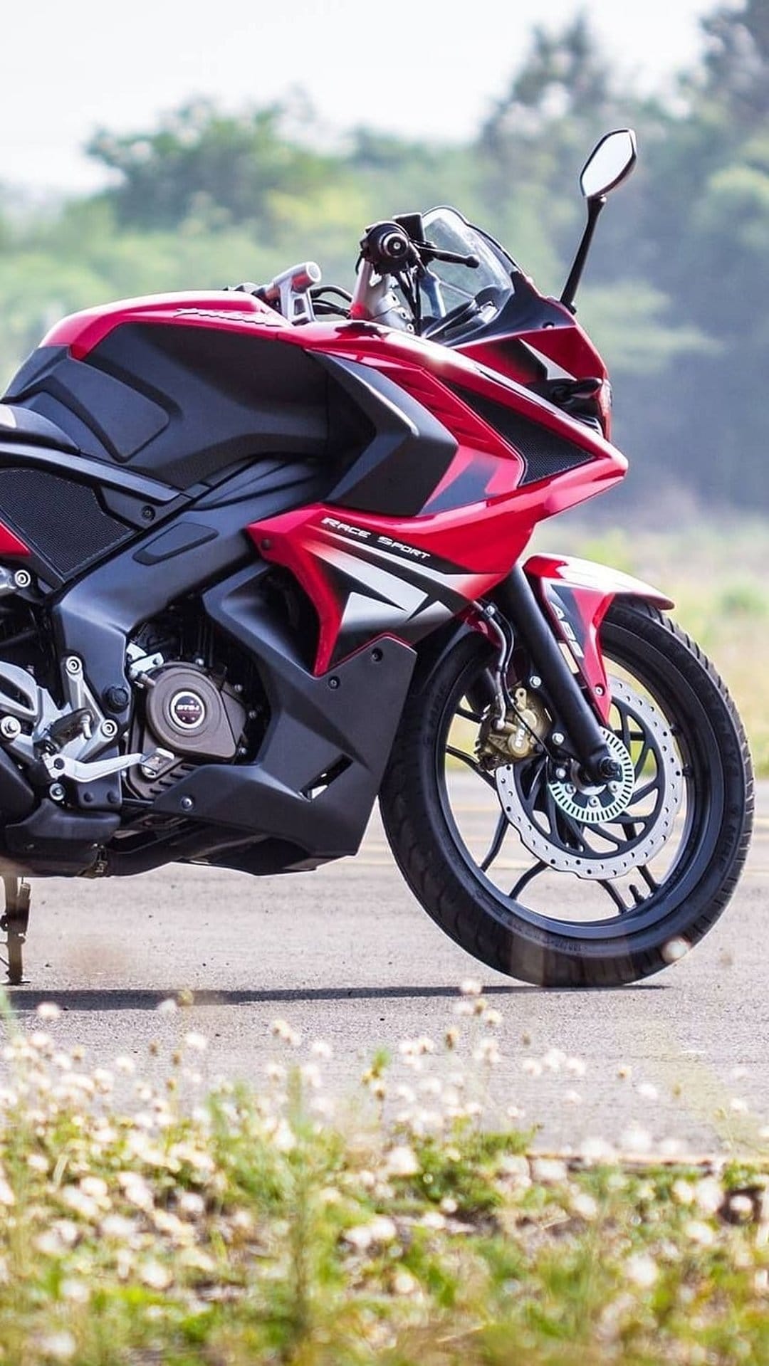 Red and black sport motorcycle side view on asphalt with a blurred background of greenery and tiny flowers.