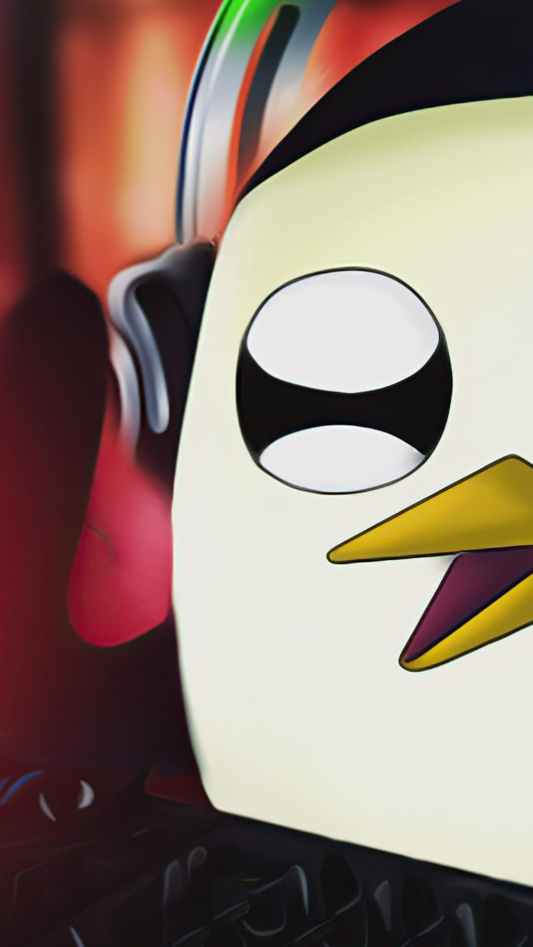 Penguin character wearing black headphones with a metallic band against a blurred orange and red background.