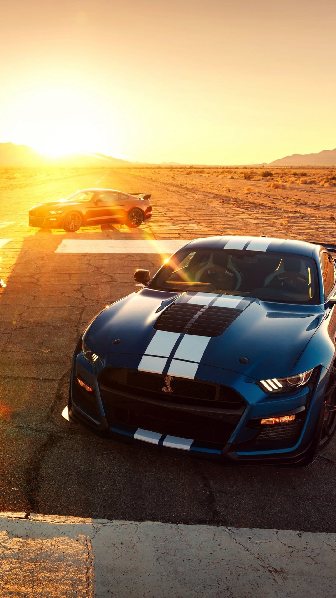 Blue Shelby GT500 with white stripes on a desert runway at sunset with an orange Mustang in the background.