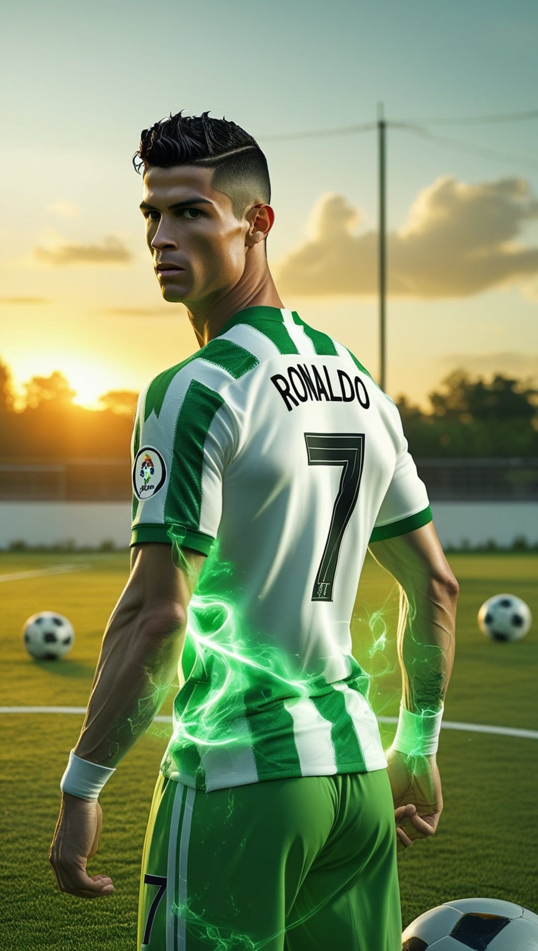 Cristiano Ronaldo stands on a soccer field at sunset with green energy arcs emanating from his jersey and arms.