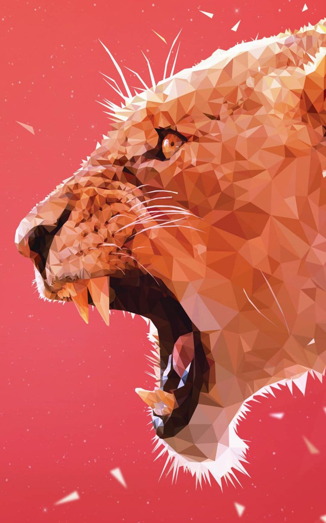 Lioness roaring in profile with a low-poly geometric style using orange and red tones on a vertical background.
