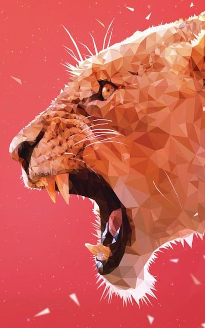 Low poly art, lioness, geometric, digital illustration, abstract animal, roaring, polygonal, modern art, wildlife, vibrant colors, shattered effect, nature, contemporary, fierce, wild, artistic, triangulation, graphic, angular, unique
