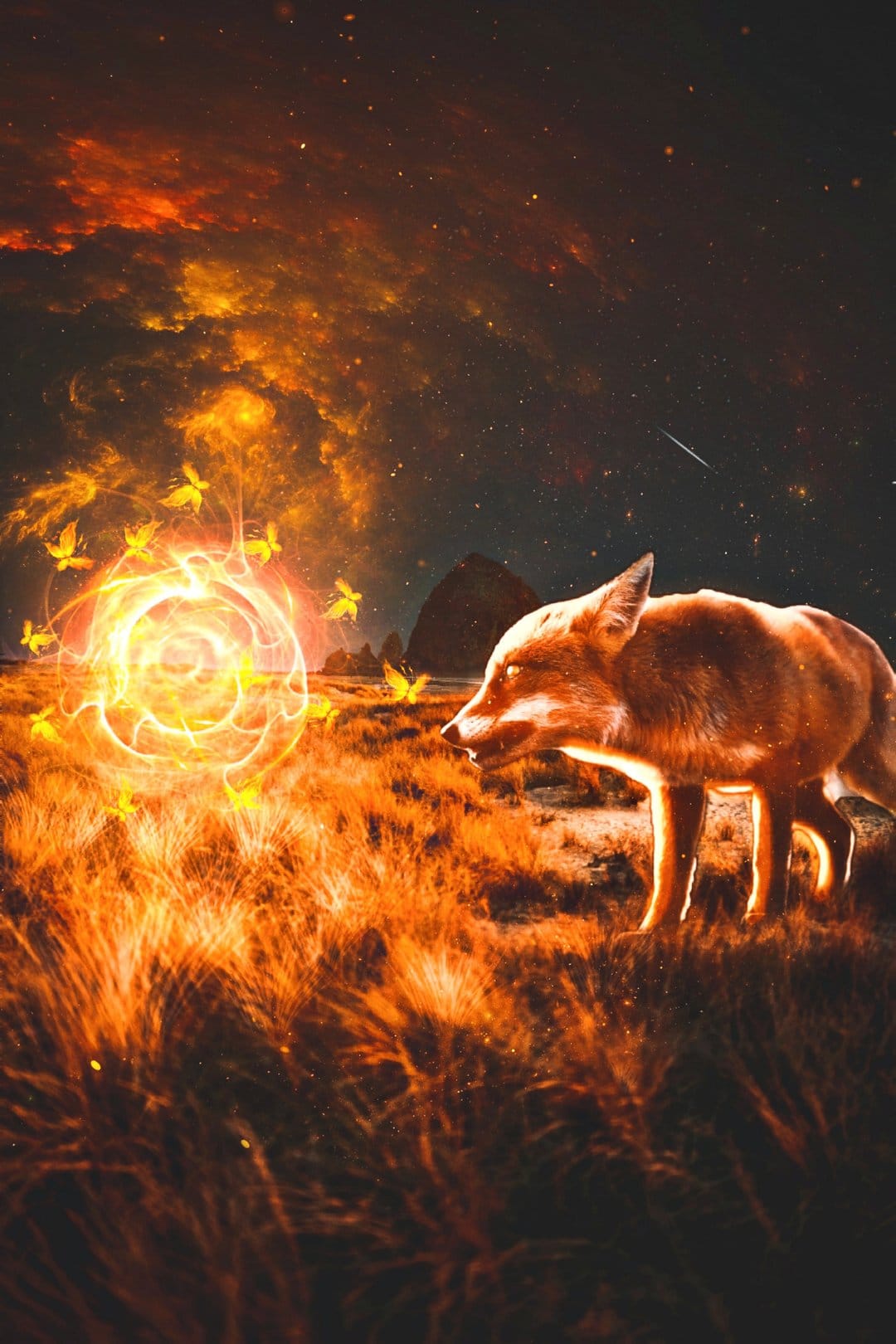 Glowing fox stands in a field of fire gazing into a swirling orange portal beneath a starry nebula night sky.