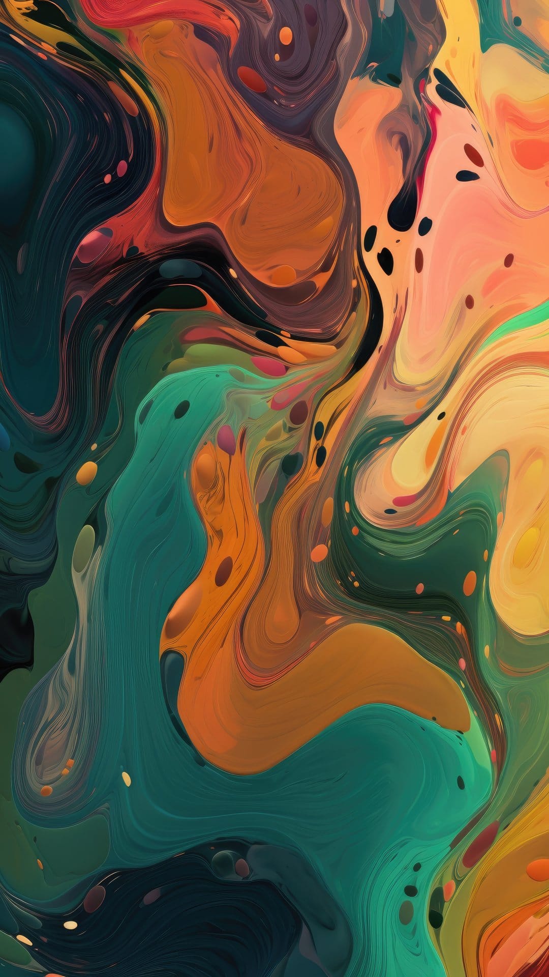 Swirling orange and teal liquid streams intertwine with yellow droplets and dark speckled textures throughout.