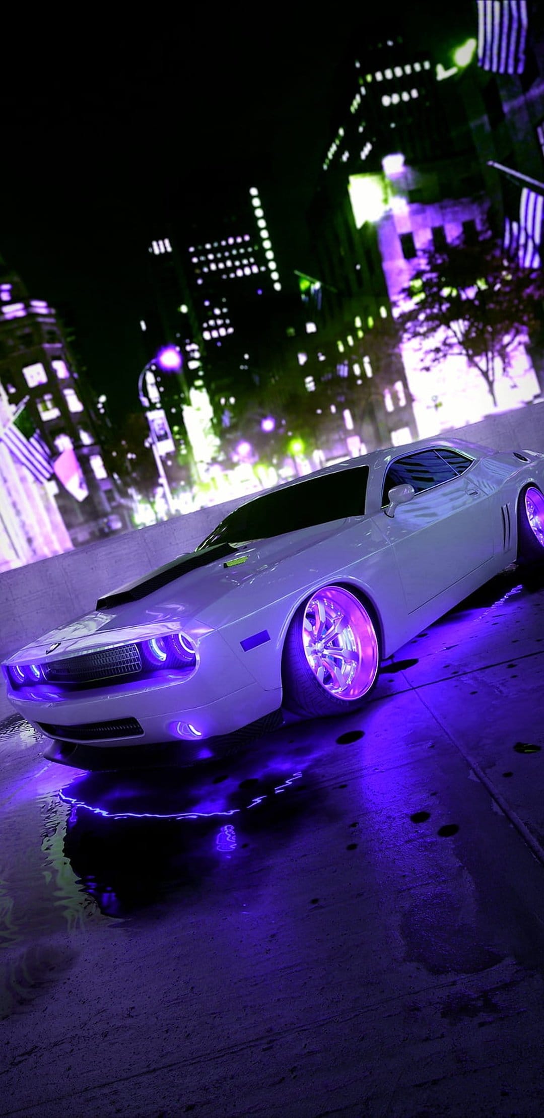 White Dodge Challenger with purple underglow parked on a wet street at night against a blurred city background.