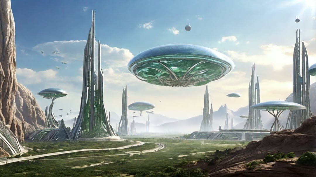 White organic skyscrapers and disc-shaped UFOs hover over a sunny green valley with mushroom-like structures.