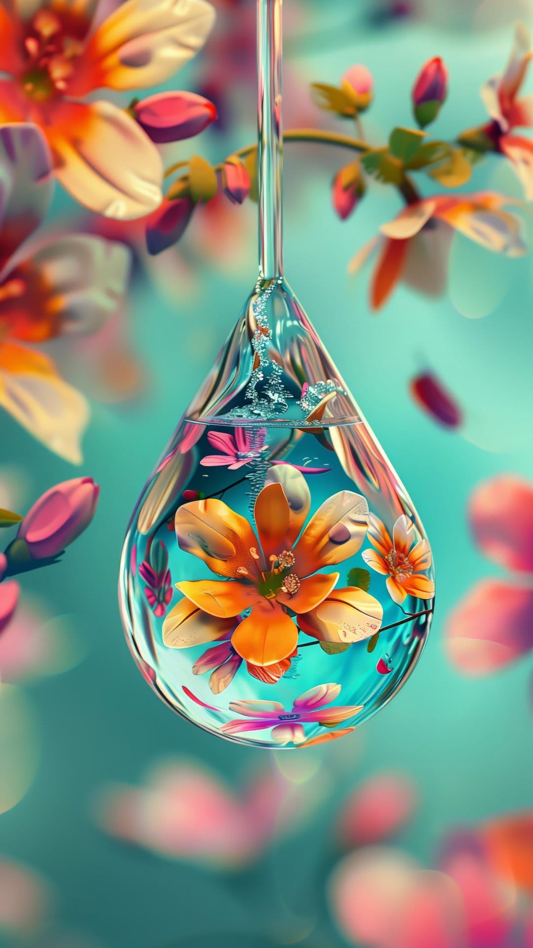Crystal water droplet magnifying pink and orange flowers against a soft out-of-focus floral background.