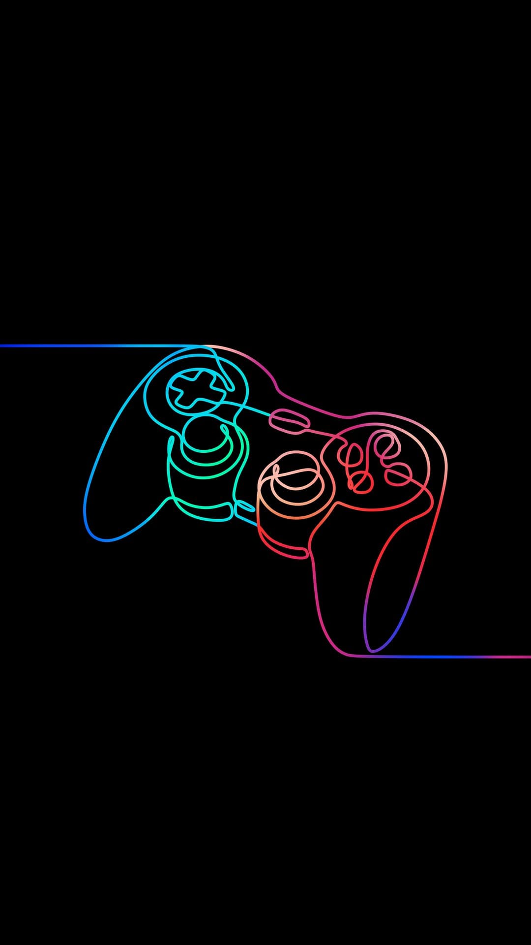 Gaming controller silhouette rendered in a continuous gradient line glowing against a solid black background.