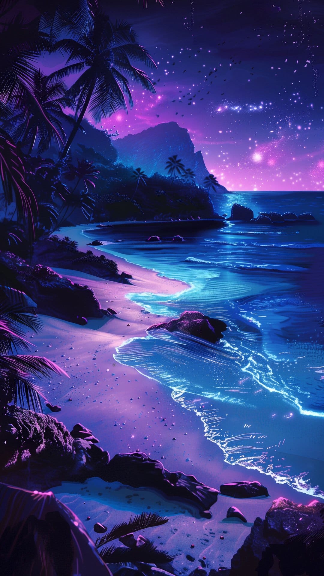 Neon turquoise waves lap a sandy beach under a purple galaxy and palm silhouettes in a vertical composition.