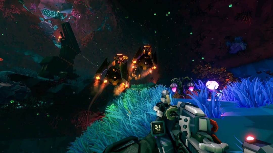 First-person view of a sci-fi gun aiming at two flying robots in a bioluminescent cave with blue glowing grass.