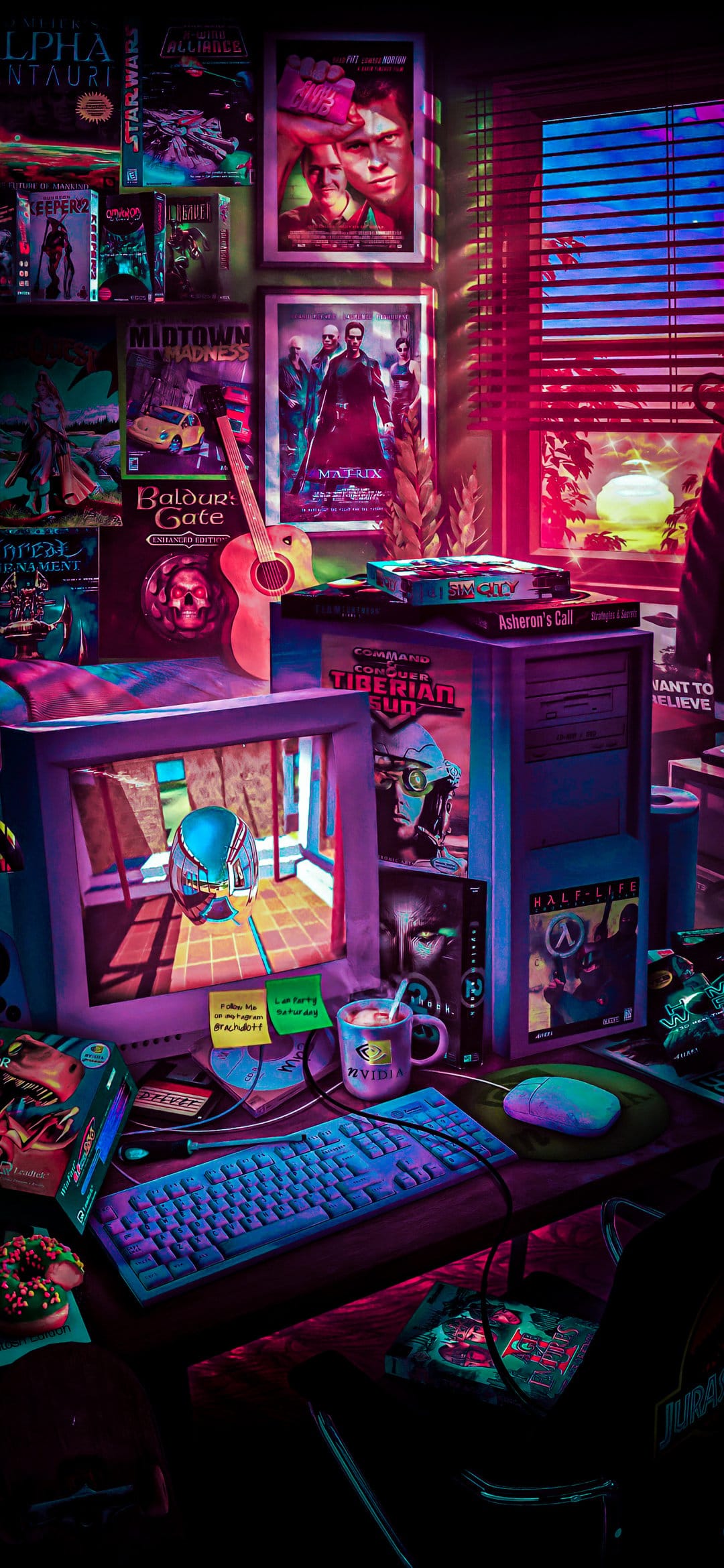 CRT monitor and vintage PC game boxes glow in pink and blue neon light on a cluttered gamer desk with a guitar nearby.