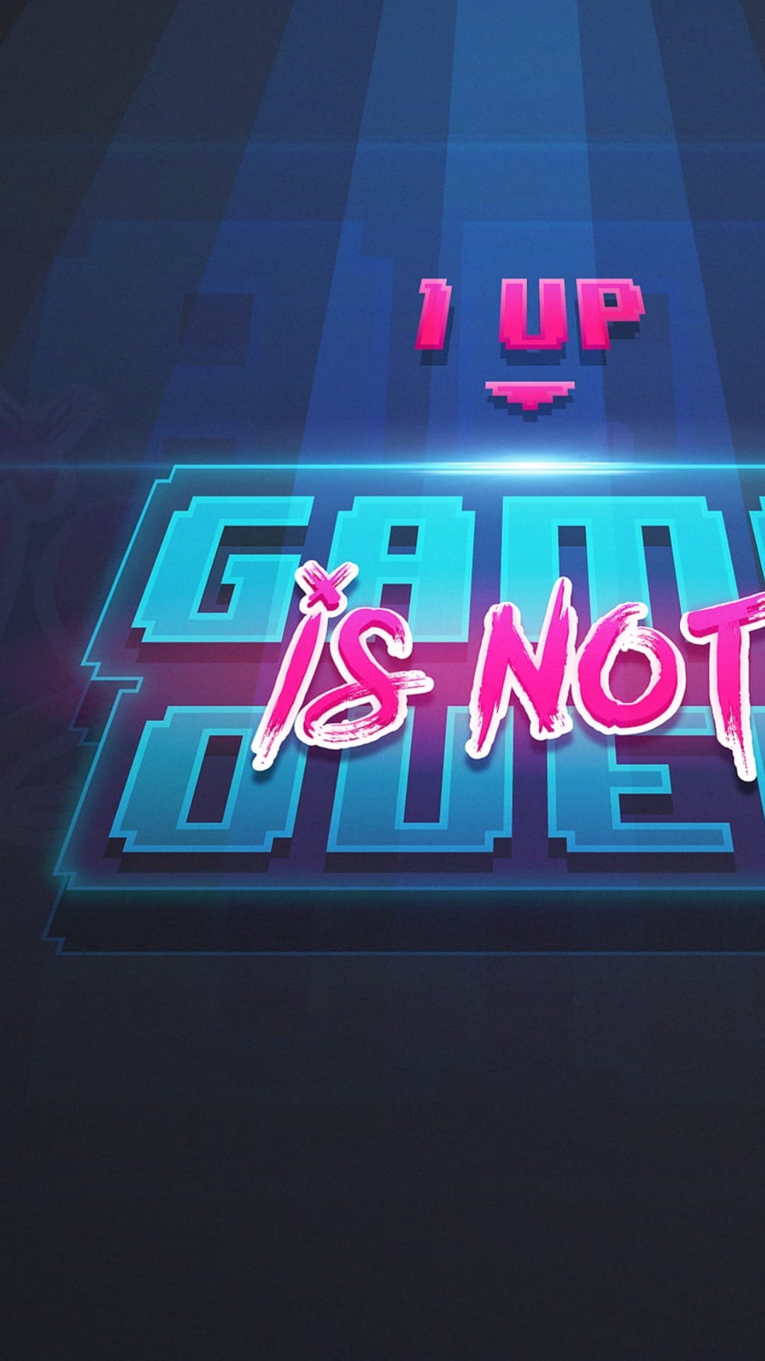 Pixelated 1-UP mushroom and Game Over text glow in neon blue and pink against a dark, minimalist background.