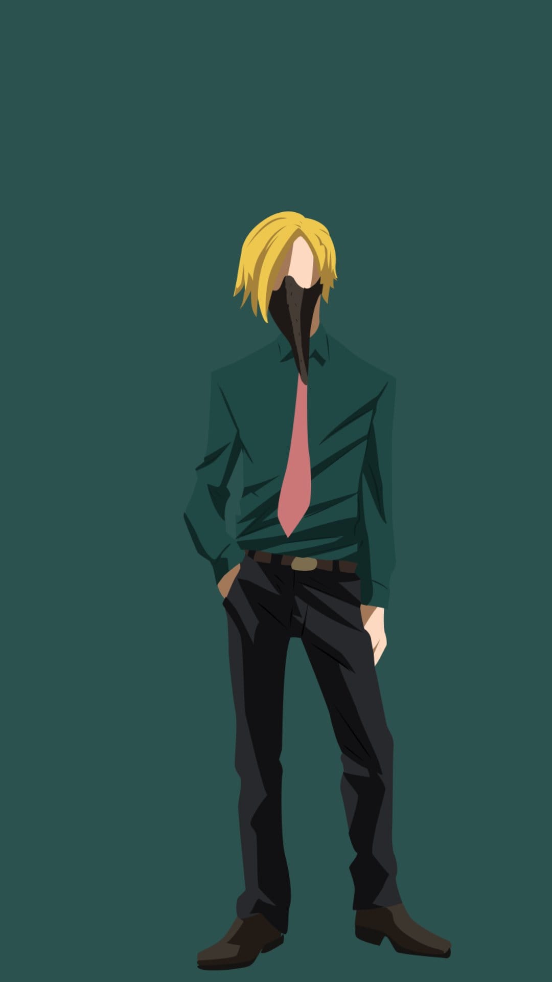 Toya Setsuno wears a long black beak mask, blonde hair, teal shirt, and red tie against a flat teal background.