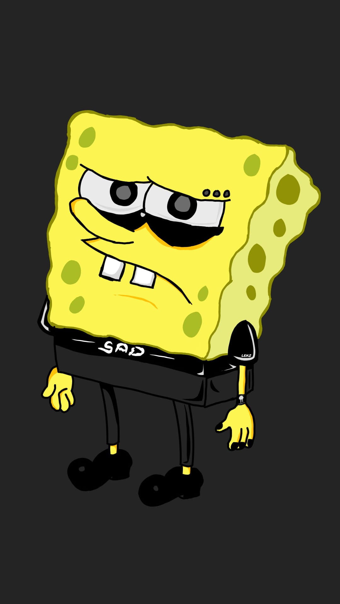 SpongeBob SquarePants with droopy eyes wearing a black t-shirt with the word SAD on a dark gray background.