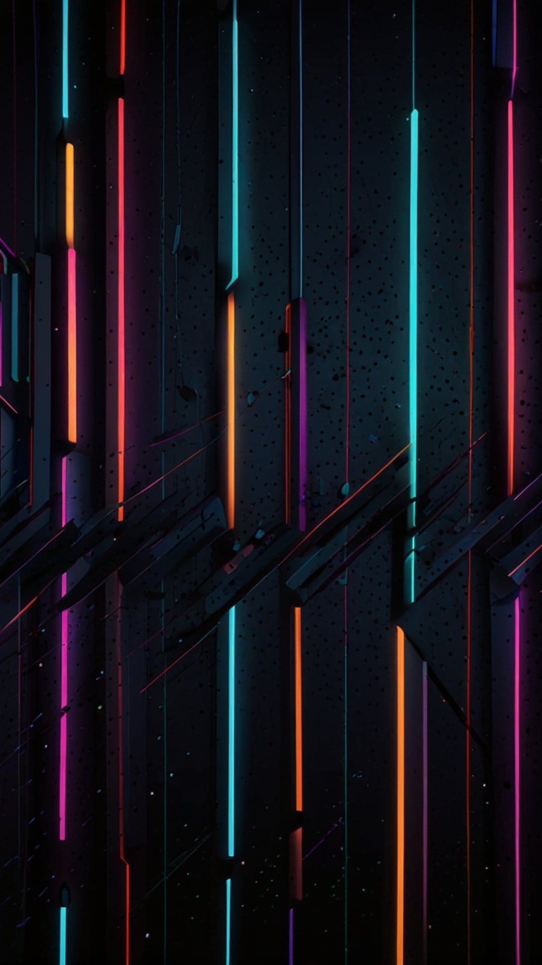 Vertical neon light strips in pink and cyan glow against a dark geometric background with sharp textures.