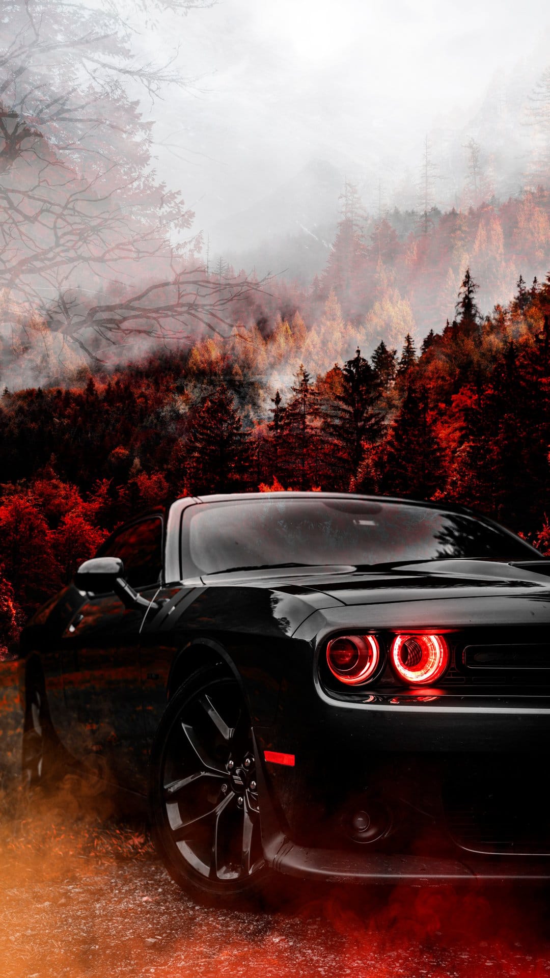 Black Dodge Challenger with glowing red headlights on a foggy gravel road lined with vibrant autumn foliage.