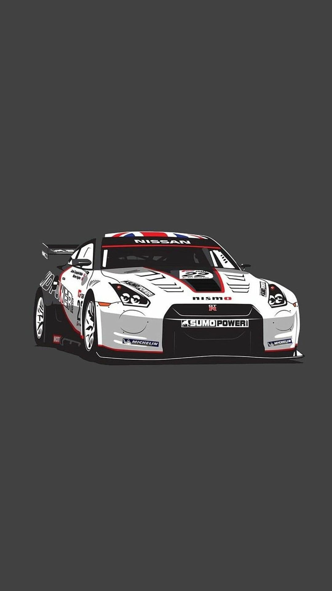 Nissan GT-R racing car in white with red accents, a Union Jack roof, and NISMO logos on its aerodynamic body.