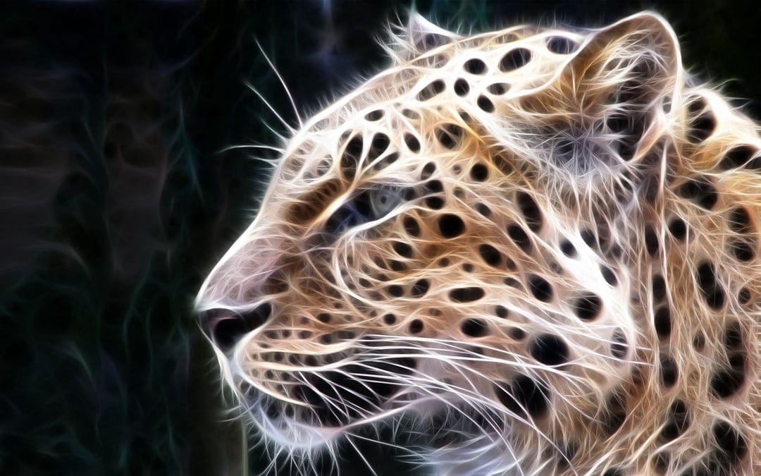Leopard in profile featuring bioluminescent spots and fractal light patterns against a dark backdrop.