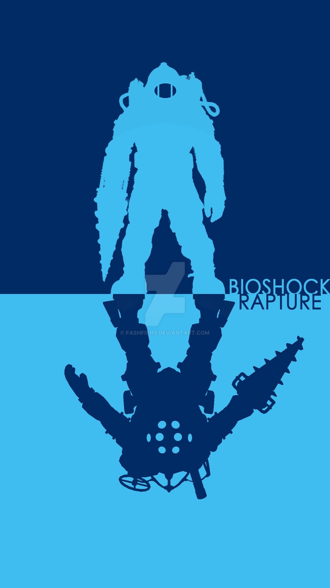 Symmetrical silhouettes of Big Daddy Bouncer and Rosie characters from BioShock in light and dark blue tones.