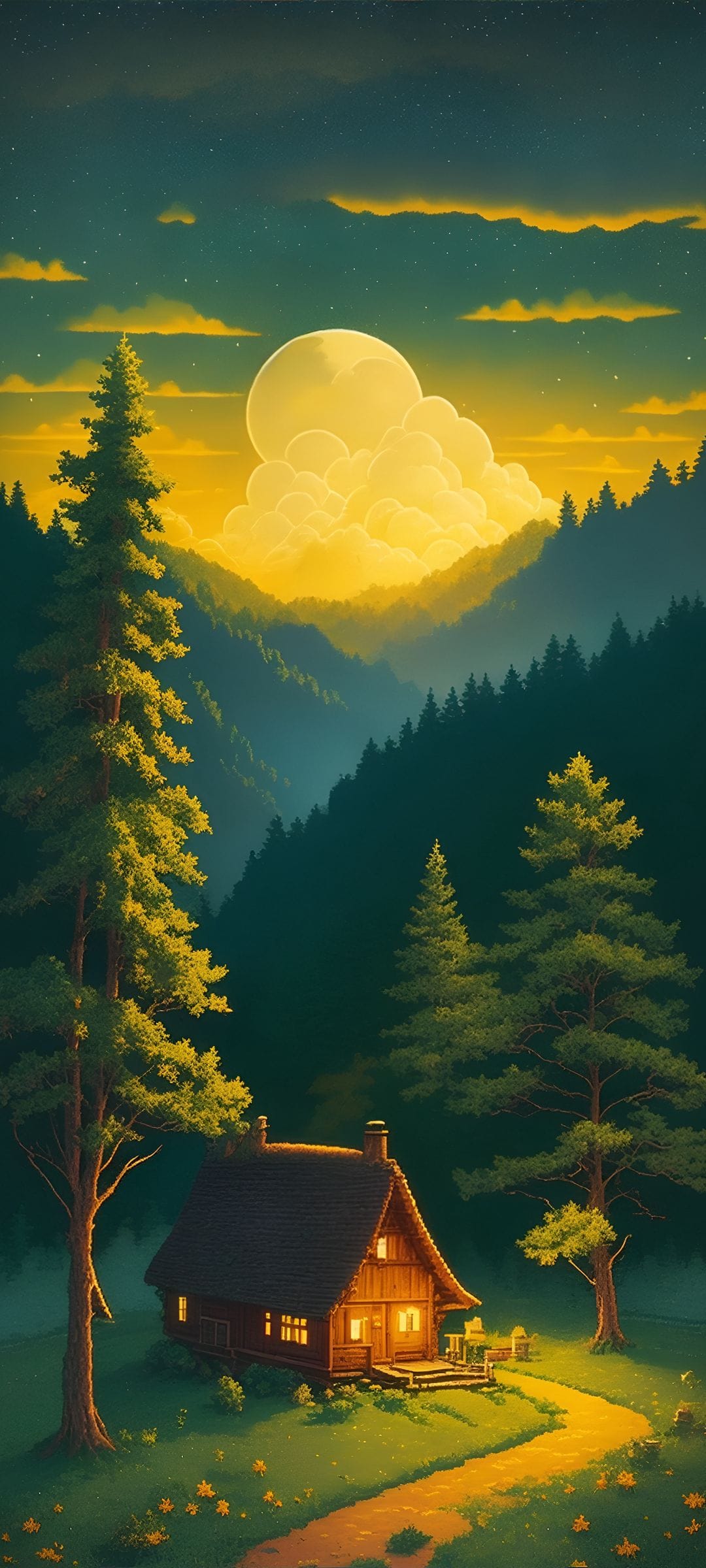 Wooden cabin with glowing windows nestled in a dark pine forest under a bright moonlit sky and distant mountains.