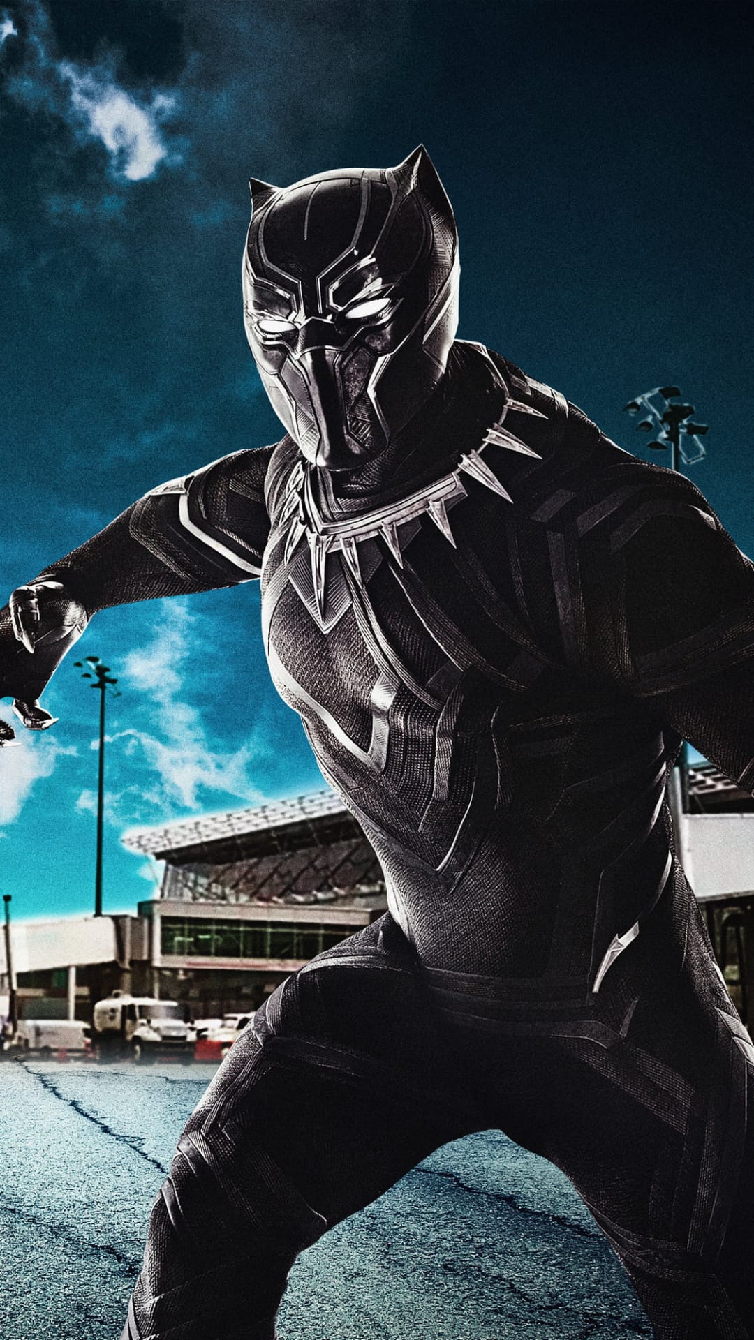 Black Panther in a tactical crouch with glowing eyes on a building rooftop against a cloudy blue urban sky.