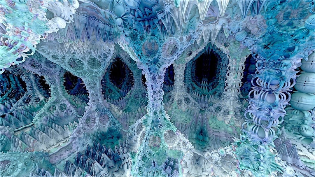 Intricate blue fractal ice formations converge within a deep cavernous tunnel featuring sharp crystalline edges.