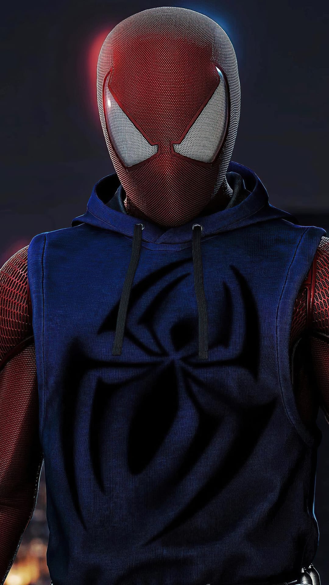 Scarlet Spider wears a red textured mask and sleeveless blue hoodie with a large black spider emblem on his chest.