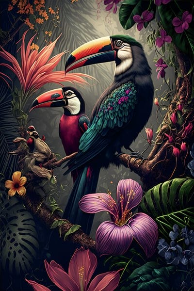 toucans,birds,flowers,bright