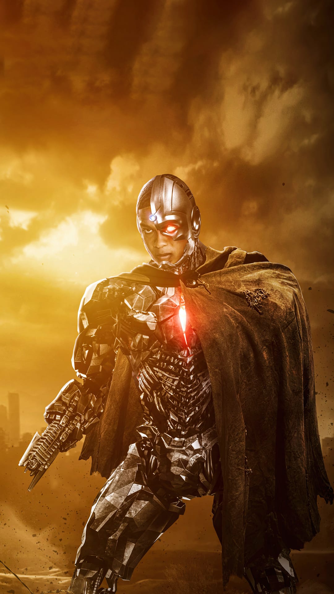 Cyborg stands in metallic armor with a glowing red eye and chest piece against a smoky orange apocalyptic sky.