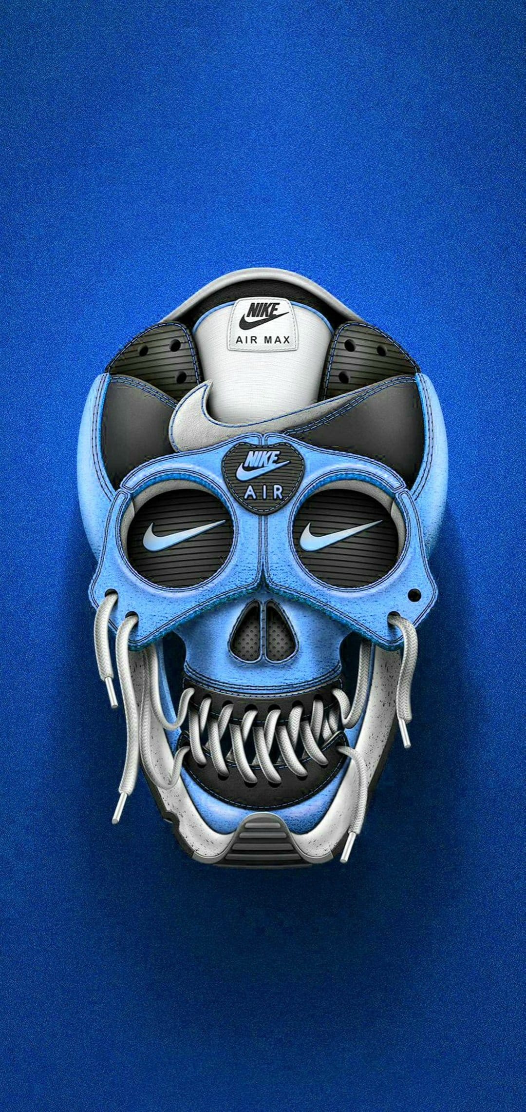 Human skull formed from layered blue and black Nike Air Max sneakers featuring white logos and mesh textures.