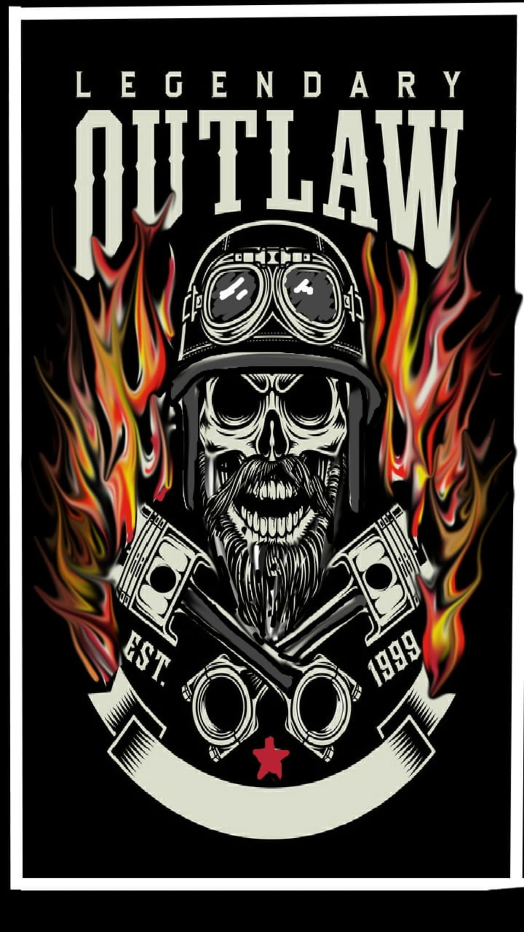 Biker skull wearing a helmet and goggles centered between crossed pistons and intense orange flames.