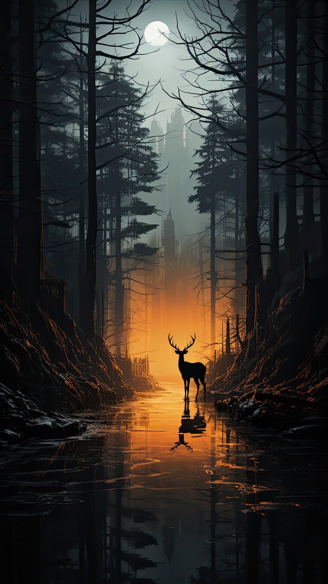 Silhouetted stag in a forest clearing facing a glowing distant castle under a pale moon and misty night sky.